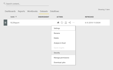 Security instellingen voor de dataset